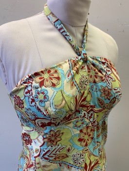Womens, Top, ANN TAYLOR LOFT, Multi-color, Mint Green, Dk Red, Beige, Cotton, Floral, 10P, Self Ties Around Neck with Keyhole, 1 Strip of Boning Structure at Each Side, Invisible Zipper at Side