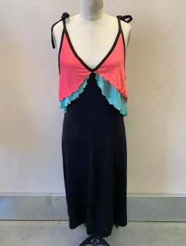 LIONELS PLACE, Black, Rayon, V-N, Pullover, Coral Pink & Mint Green Ruffle Layers Over Bust & Back, Sleeveless, Tie Up Straps, Hem Below Knee