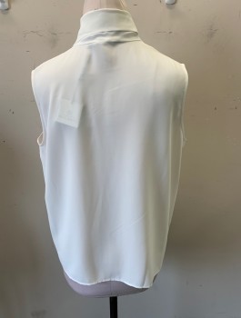 Womens, Blouse, MING WANG, White, Polyester, Solid, L, Crepe De Chine, Sleeveless, Gathered Self Tie at Neck, Darts at Bust, Pullover