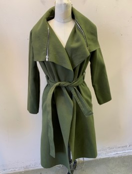 N/L, Olive Green, Wool, Solid, Felted Wool, Open Front with No Closures, Collar Flap with Exposed Silver Zipper Detail, Belt Loops, **With Matching Fabric Belt