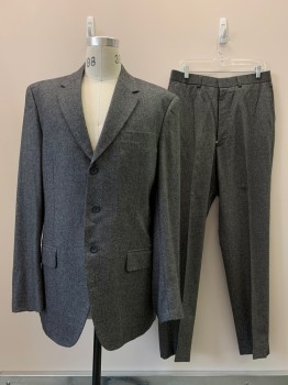 Mens, Suit, Jacket, NO LABEL, Black, White, Wool, Polyester, 2 Color Weave, 32/33, 38L, 3 Buttons, Single Breasted, Notched Lapel, 3 Pockets