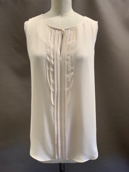ANN TAYLOR, Beige, Polyester, Round Neck, Pleated Front, Key Hole Front, Sleeveless