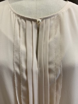 ANN TAYLOR, Beige, Polyester, Round Neck, Pleated Front, Key Hole Front, Sleeveless