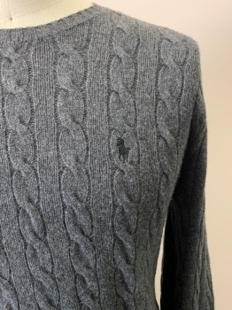 Mens, Pullover Sweater, POLO, Charcoal Gray, Acrylic, Wool, Solid, L, L/S, Crew Neck,