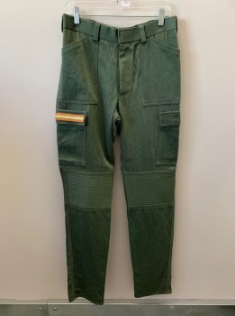 Mens, Sci-Fi/Fantasy Pants, MTO, Olive Green, Synthetic, Solid, 32/35, Aged/Distressed, Cargo, 6 Pckts, Belt Loops, Zip Fly, Velcro Closure, Yellow And Orange Strip On Right Cargo Pckt,