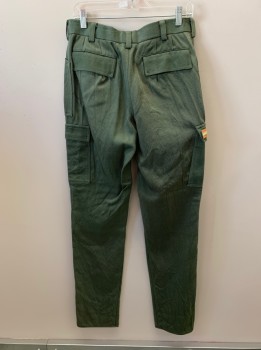 Mens, Sci-Fi/Fantasy Pants, MTO, Olive Green, Synthetic, Solid, 32/35, Aged/Distressed, Cargo, 6 Pckts, Belt Loops, Zip Fly, Velcro Closure, Yellow And Orange Strip On Right Cargo Pckt,