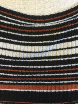 FREE PEOPLE, Black, Dk Orange, Ecru, Cream, Polyester, Rayon, Stripes - Horizontal , Knit Ribbed, Round Wide Neck, Cut-out Shoulder, 3/4 Sleeves,