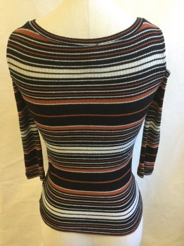 Womens, Top, FREE PEOPLE, Black, Dk Orange, Ecru, Cream, Polyester, Rayon, Stripes - Horizontal , XS, Knit Ribbed, Round Wide Neck, Cut-out Shoulder, 3/4 Sleeves,