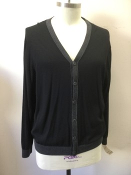 Mens, Cardigan Sweater, TOMMY BAHAMA, Black, Gray, Wool, Solid, XXL, V-neck, Button Front, Gray Trim at Neck Cuffs and Waistband,