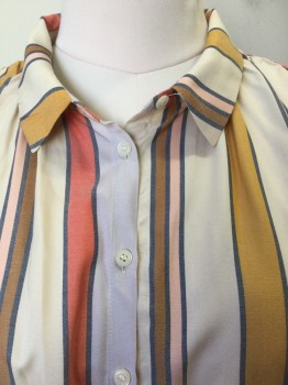 MADEWELL, Beige, Mustard Yellow, Coral Orange, Navy Blue, Viscose, Stripes - Vertical , Cap Sleeves with Low Armholes, Button Front, Collar Attached, Boxy Loose Fit