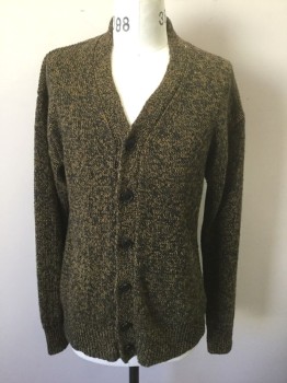 Mens, Cardigan Sweater, BANANA REPUBLIC, Dijon Yellow, Dk Green, Cotton, Speckled, M, Dijon Yellow and Dark Green Specked Knit, Long Sleeves, V-neck, 6 Buttons