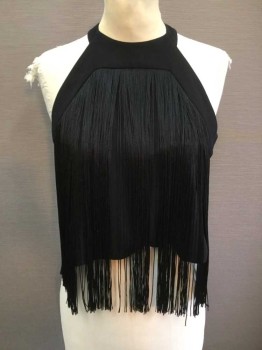 Womens, Top, PARKER, Black, Polyester, Viscose, Solid, XS, Sleeveless, Halter Neck, Fringe From Neck To Hem, Cropped Length, 2 Straps In Back, Silver Zipper Closure At Center Back