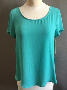 LUSH, Teal Green, Polyester, Solid, BLOUSE:  Teal Green, Round Neck,  Short Sleeve,  Uneven Hem