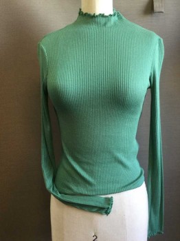 TOP SHOP, Jade Green, Viscose, Solid, Rib Knit, High Neck with Lettuce Edge, Lettuce Edge Cuffs,