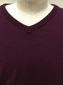 Mens, Pullover Sweater, J.CREW, Wine Red, Wool, Solid, M, V-neck, Long Sleeves,
