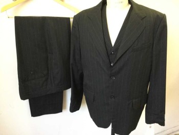 Black, Gray, Brown, Wool, Stripes - Pin, Single Breasted, 3 Buttons,  3 Pockets, Single Breasted, Sleeves Have Been Let Out,