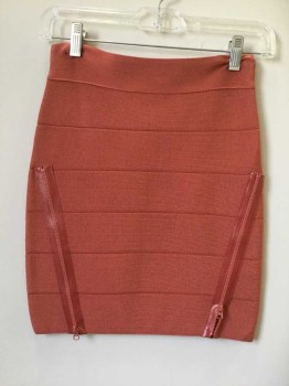 Womens, Skirt, Mini, BEBE, Salmon Pink, Synthetic, Spandex, Stripes, S, Stretchy Knit, Self Horizontal Lines, 2 Zipper Details