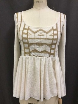 FREE PEOPLE, Tan Brown, Cotton, Geometric, Abstract , Scoop Neck, Long Sleeves, High Waist Line with Gathered Long Ruffle, BARCODE on LEFT SIDE