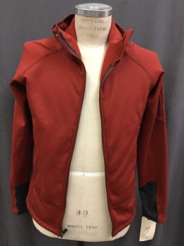 Mens, Casual Jacket, REI, Paprika Red, Dk Gray, Polyester, Solid, M, Q, Zip Front, Hooded, 3 Zip Pocket 1 on Sleeve, Thumb Holes on Sleeves, Fleece Fuzz on the Inside
