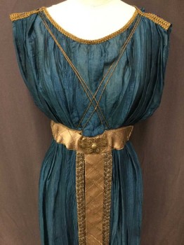 MTO, Teal Blue, Antique Gold Metallic, Silk, Solid, Made To Order, Teal Blue Wrinkled Silk, Belt and Trim Of Antique Gold Silk and Metal Circle Beads, Thin Rope Crisscross Between Breasts, Trim At Neck and Shoulders, Sleeveless,