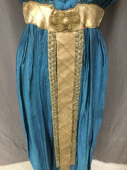 MTO, Teal Blue, Antique Gold Metallic, Silk, Solid, Made To Order, Teal Blue Wrinkled Silk, Belt and Trim Of Antique Gold Silk and Metal Circle Beads, Thin Rope Crisscross Between Breasts, Trim At Neck and Shoulders, Sleeveless,