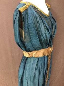 Womens, Historical Fiction Dress, MTO, Teal Blue, Antique Gold Metallic, Silk, Solid, W28, B36, Made To Order, Teal Blue Wrinkled Silk, Belt and Trim Of Antique Gold Silk and Metal Circle Beads, Thin Rope Crisscross Between Breasts, Trim At Neck and Shoulders, Sleeveless,