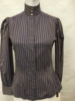 N/L, Purple, Red, Tan Brown, Sage Green, Cotton, Rayon, Stripes - Vertical , High Band Collar W/3 Buttons, Hidden Button Front,  Long Sleeves,
