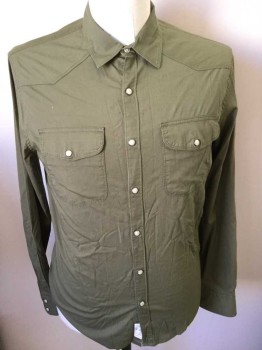 LUCKY BRAND, Olive Green, Cotton, Spandex, Solid, Long Sleeves, Snap Front, 2 Pockets, Western Yoke,