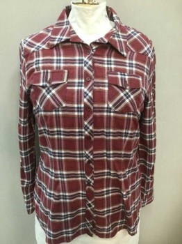 E-VIC, Maroon Red, White, Navy Blue, Tan Brown, Cotton, Polyester, Plaid, Flannel, Long Sleeve Button Front, Collar Attached, 2 Pockets