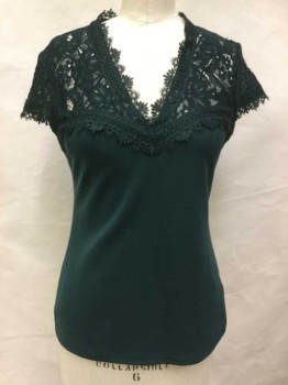 Womens, Blouse, H & M, Green, Polyester, Solid, S, Forrest Green Lace Upper Top and Solid Green Fine Horizontal Ribbed Bottom, V-neck, Cap Sleeves, 8 Cover Button Back
