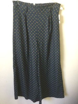 JUNE & HUDSON, Navy Blue, Goldenrod Yellow, Polyester, Geometric, Culotte Pants, Navy with Marigold Pattern, High Waist with Pleats, 2" Wide Self Waistband with Self Pleated Ruffle, Belt Loops, Wide Cropped Leg, Pockets at Side Seams