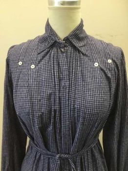 N/L, Royal Blue, White, Cotton, Grid , Royal Blue with White Grid Pattern, L/S, C.A., Hidden Snap Closures at Center Front, Vertical Pleats at Shoulders with Decorative White Buttons, Self Belt Attached at Center Back Waist, Floor Length Hem with 6" Long Solid Navy Band at Hem, Made To Order