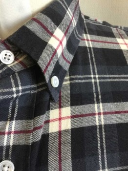 J CREW/THOMAS MASON, Charcoal Gray, Black, White, Red Burgundy, Cotton, Plaid-  Windowpane, Flannel, Long Sleeve Button Front, Collar Attached, Button Down Collar, 1 Pocket