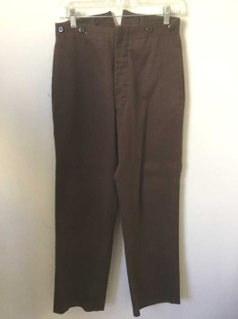 Mens, Historical Fiction Pants, N/L, Brown, Cotton, Solid, Ins:28, W:28, Twill, Button Fly, Suspender Buttons at Outside Waist, 2 Side Seam Pockets, Belted Back,  Made To Order Reproduction, OldWest