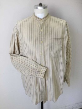 Mens, Historical Fiction Shirt, N/L, Cream, Gray, Cotton, Stripes, 30, 16, Working Class. Collar Band, Button Front, Long Sleeves with Cuff. 1 Pocket, Aged/Distressed, Old West