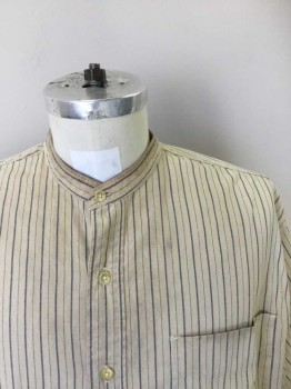 Mens, Historical Fiction Shirt, N/L, Cream, Gray, Cotton, Stripes, 30, 16, Working Class. Collar Band, Button Front, Long Sleeves with Cuff. 1 Pocket, Aged/Distressed, Old West