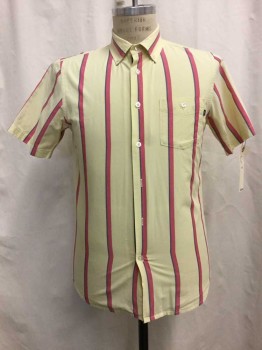 OBEY, Yellow, Navy Blue, Red, Cotton, Stripes, Yellow/ Red/ Navy Stripes, Button Down Collar, Short Sleeve, 1 Pocket,
