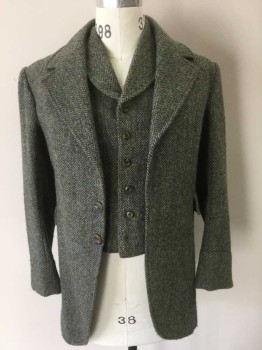 N/L, Sage Green, Dk Brown, Olive Green, Brown, Wool, Herringbone, Frock Coat, Notch Lapel, 3 Buttons,  2 Hip Level Pockets, Vented Back, Made To Order