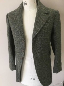 N/L, Sage Green, Dk Brown, Olive Green, Brown, Wool, Herringbone, Frock Coat, Notch Lapel, 3 Buttons,  2 Hip Level Pockets, Vented Back, Made To Order