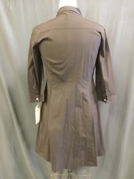TORY BURCH, Chocolate Brown, Cotton, Elastane, Solid, Button Front, Long Sleeves, Collar Attached, Shirt Dress, Concealed Button Placket with Pleated Ruffle Detail, Pleated Skirt