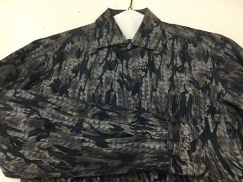 BUGATCHI, Navy Blue, Lt Blue, Lt Gray, Cotton, Camouflage, Novelty Camo Brocade, Long Sleeves, Collar Attached, Button Front,