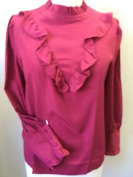 ANN TAYLOR, Raspberry Pink, Polyester, Solid, Crew Neck with Small Ruffle Trim, Triangle Yoke Front with Ruffle, Long Sleeves with Cuff & Ruffle Trim, Key Hole Back with 1 Self Cover Button