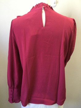 ANN TAYLOR, Raspberry Pink, Polyester, Solid, Crew Neck with Small Ruffle Trim, Triangle Yoke Front with Ruffle, Long Sleeves with Cuff & Ruffle Trim, Key Hole Back with 1 Self Cover Button