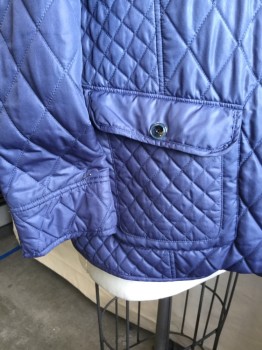 LAURA PLU, Slate Blue, Cream, Beige, Pink, Polyester, Solid, Diamonds, Self Diamond Quilt, Collar Attached, Cream with Beige & Pink Vertical Stripes Lining, Large Slate Blue with Silver Snap Front, 4 Pockets, Short Side Back Belt with Matching Snap Buttons, Long Sleeves,