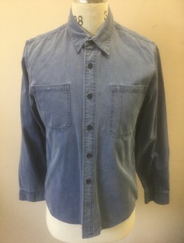 TOPMAN, Cornflower Blue, Cotton, Solid, Well Worn Heavy Twill/Canvas, Long Sleeve Button Front, Collar Attached, 2 Patch Pockets, Workwear Inspired