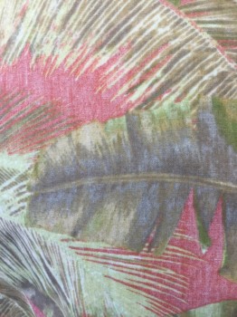 Mens, Hawaiian Shirt, COOKE STREET, Pink, Lime Green, Lt Brown, Cotton, Leaves/Vines , M, Reverse Side of Palm Leaf Print, Short Sleeves, Collar Attached, Button Front, 1 Pocket,