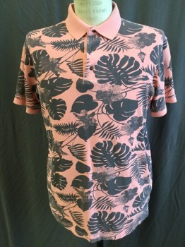 7 DIAMONDS, Salmon Pink, Faded Black, Gray, Cotton, Leaves/Vines , Solid Peach Collar Attached & Short Sleeves Hem, 3 Button Front,