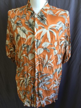 PIERRE CARDIN, Orange, Beige, Khaki Brown, Rayon, Tropical , Palm Tree Print, Button Front, Collar Attached, Short Sleeves,