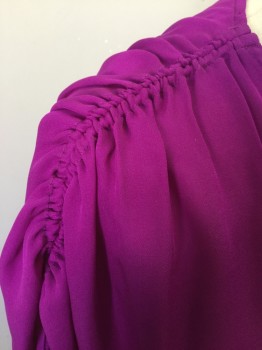 HAUTE HIPPIE, Magenta Pink, Silk, Solid, V-neck, Rouched Shoulders with Draped Short Sleeves,