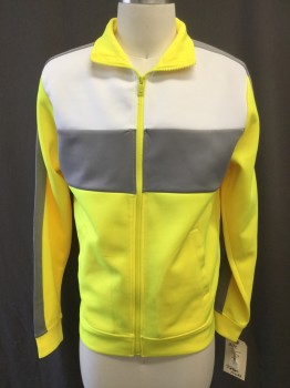 Mens, Sweatsuit Jacket, REBEL MINDS, Neon Yellow, White, Gray, Polyester, Spandex, Solid, Color Blocking, S, Tracksuit, Long Sleeves, Full Zip Front Polo, 2 Pockets, Geometric Paneling
